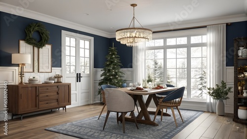 Minimalist USA Dining Room with crystal chandelier — Southwest Christmas Interior