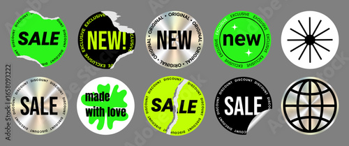 Set of torn crumpled discount sticker, neon y2k label, silver holographic badge with effect Sale, New. Realistic shiny round rainbow emblem, hologram icon. Isolated vector illustration EPS10