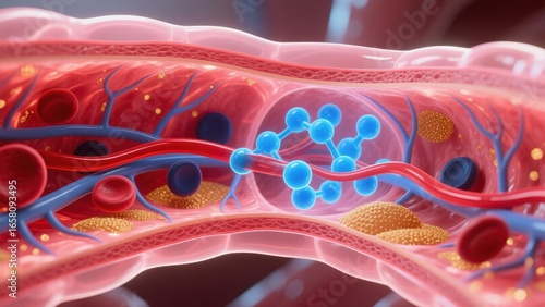The lung alveolus showing oxygen exchange with red and blue blood cells, glowing oxygen molecules, high cholesterol, hyperlipidemia, hypercholesterolemia