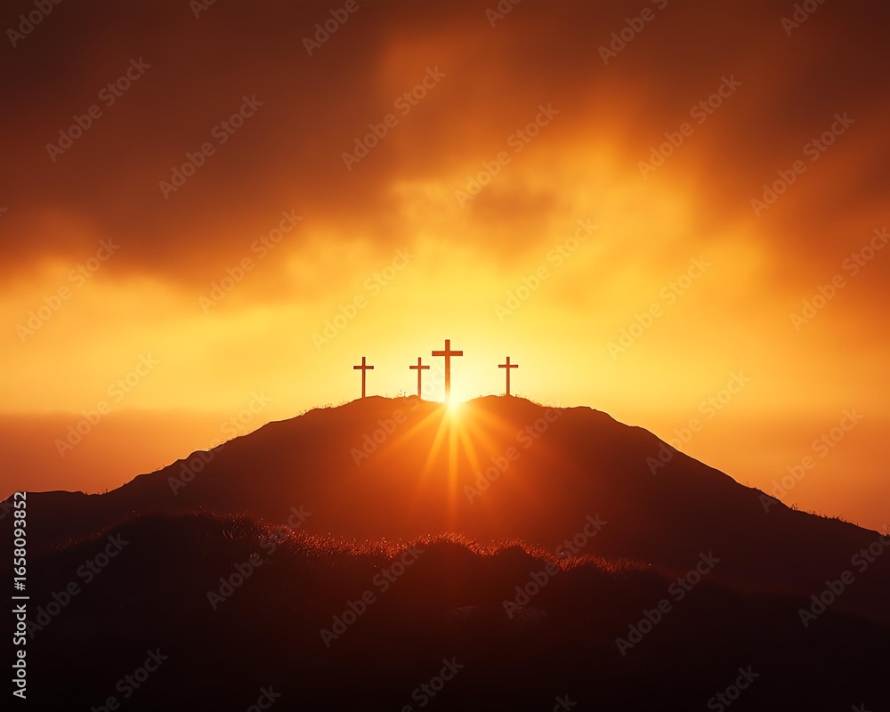 Obraz premium Silhouettes of crosses against a vibrant sunset on a hilltop, symbolizing faith and hope in serene surroundings.
