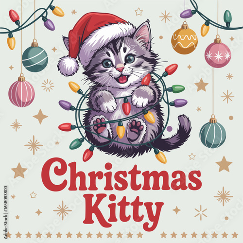 Christmas kitty cuddly cat under baubles, stars and snow, festive poster design, nursery print vector