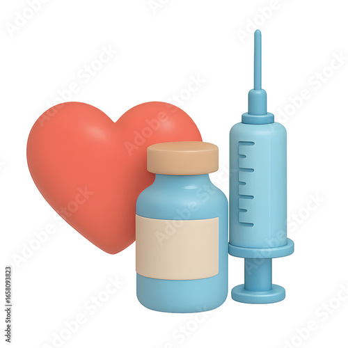 Medical vaccine bottle and syringe with heart symbolizing care and protection
