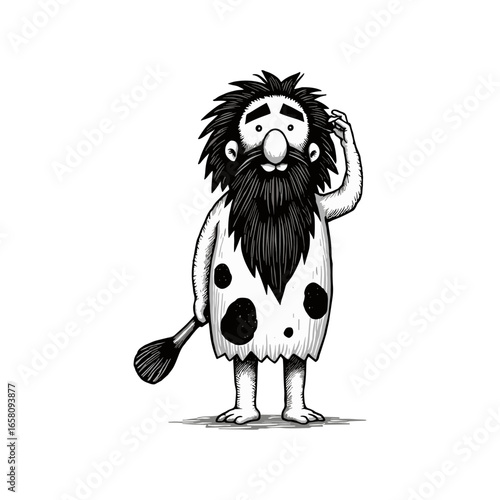 Caveman with a baton Engraving Illustration, drawn in an engraved, woodcut style with fine details sketch engraving vector illustration. Scratch board imitation. Black and white image. flat vector
