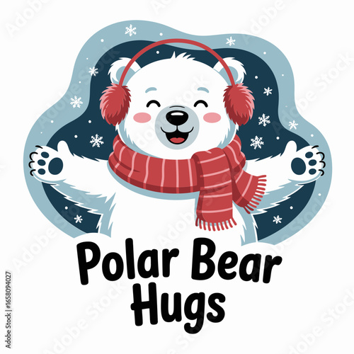 Polar bear hugs happy bear with earmuffs raised paws, snowflakes and hearts, Christmas kids poster, friendly vector