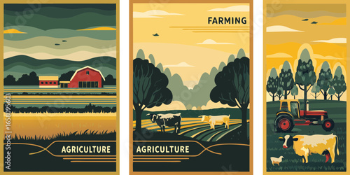 Vintage Style Agriculture and Farming Illustration Set with Barn Cows and Tractor
