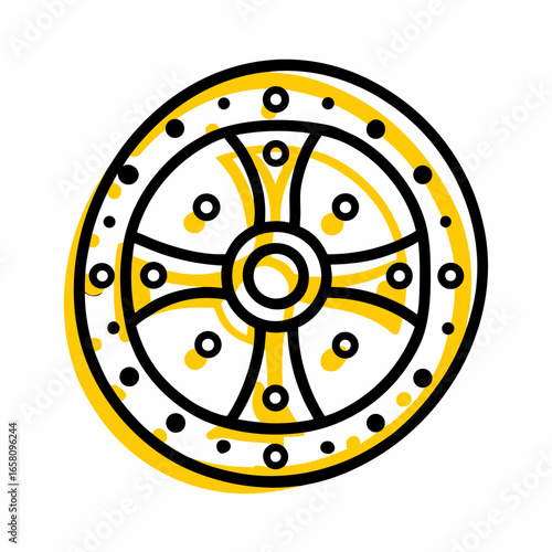 Decorative round shield with intricate patterns in yellow and black  
