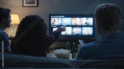 Friends enjoying a cozy movie night at home browsing a streaming service on their smart TV with popcorn and beer for a relaxed evening of entertainment