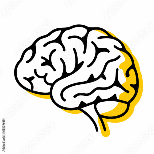 Cartoon illustration of a brain in black outline with yellow accents  