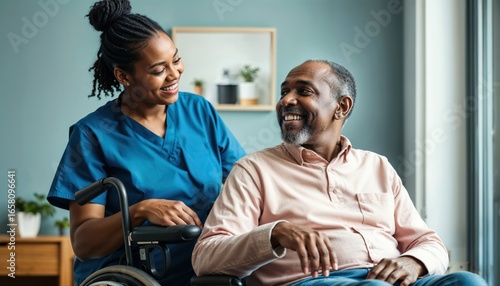 Happy caregiver with a smiling senior man in a wheelchair at home.