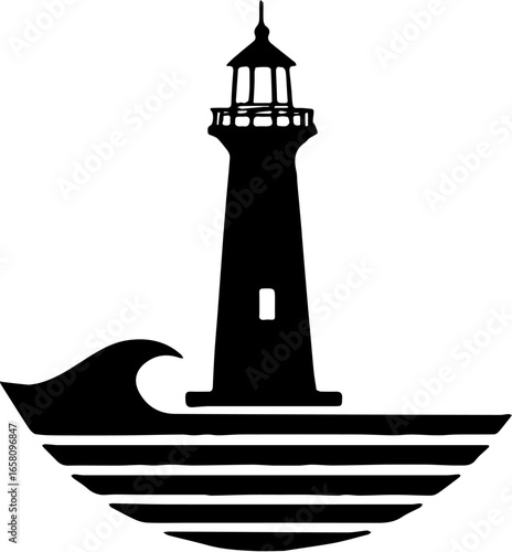 A minimalist black silhouette illustration of a lighthouse with waves beside it and horizontal lines representing the sea