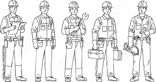Construction workers wearing safety helmets holding tools in line art style vector illustration 