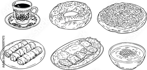Traditional Turkish Breakfast Foods with Coffee in Black and White Line Art Vector Illustration 