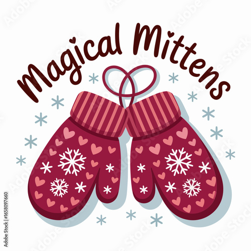 Magical mittens pair with snowflake pattern and ribbon bow, cute winter Christmas vector illustration for greeting cards, posters, stickers, printables
