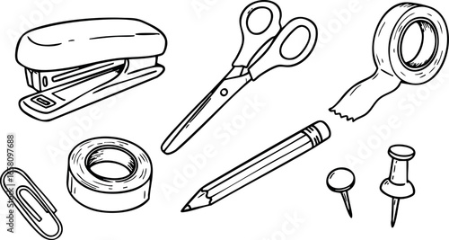 Office supplies collection with stapler scissors pencil tape push pins and paper clip vector illustration 