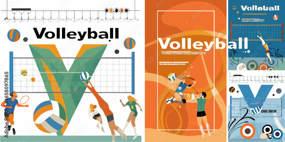 Obraz premium Volleyball Posters with Players Net and Ball Illustrations