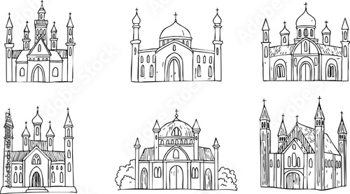 Collection of Six Black Outline Russian Orthodox Church Vector Icons with Domes and Spires 