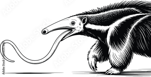 Detailed black and white illustration of an anteater with long tongue
