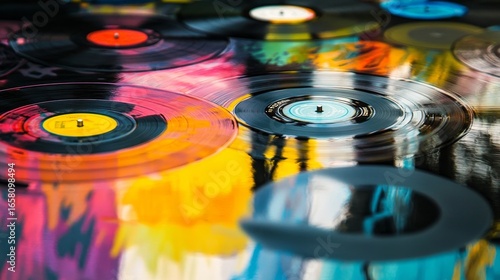 An alluring and captivating arrangement of vibrant, colorful vinyl records featuring artistic graffiti designs