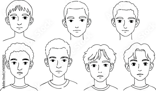 Male character faces with different hairstyles and expressions vector illustration 