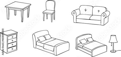 Home furniture set with table chair sofa beds dresser and lamp vector illustration 