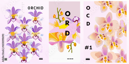 Three Orchid Flower Art Prints with Different Styles and Color Palettes