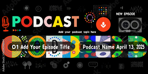Colorful Podcast Cover Art Template with Microphone and Episode Details