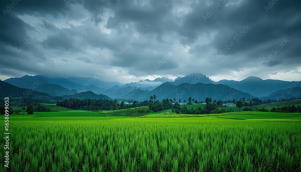 Fototapeta premium Lush green rice field landscape with distant mountains shrouded in mist beneath heavy, rain-filled storm clouds forming a tranquil agricultural vista
