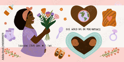 Pregnant Woman with Flowers Expecting Twins Illustration for Baby Shower