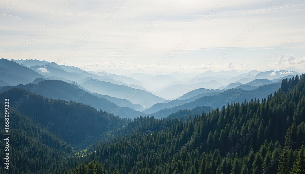 Fototapeta premium Serene mountain range covered in dense evergreen forests, with a hazy blue sky creating a peaceful and inspiring natural landscape