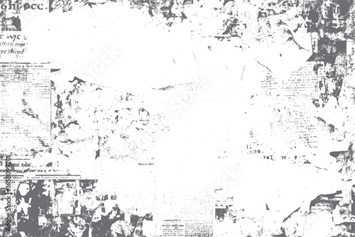 Distressed newspaper texture. Grunge ripped paper background with vintage old text and retro surface overlay