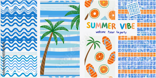Colorful Summer Collage with Palm Trees Waves Oranges Flip Flops and Tiles