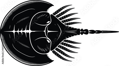 Detailed black and white illustration of a horseshoe crab