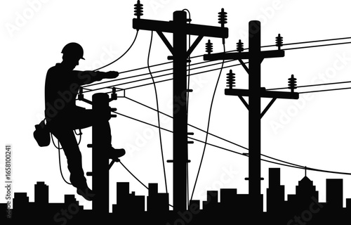 Electrical lineman working on power lines, utility pole maintenance, city electricity infrastructure, high voltage repair, energy distribution system, urban power supply