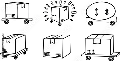 Hand Drawn Boxes on Dollies and Pallets for Shipping and Delivery Vector Illustration 