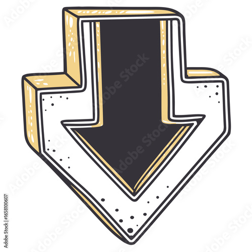 Hand-drawn downward arrow symbol in black and white with gold outline  
