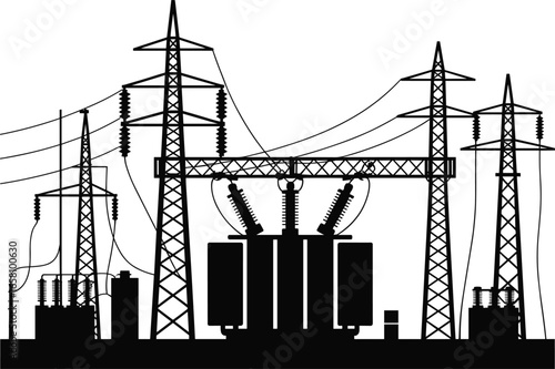 High voltage electricity substation, power transmission towers, electrical transformers, energy distribution system, industrial infrastructure, urban electricity grid, voltage supply network