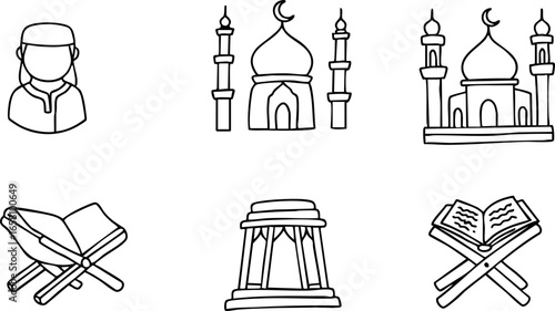 Islamic religious icons mosque Quran Muslim prayer vector illustration set 