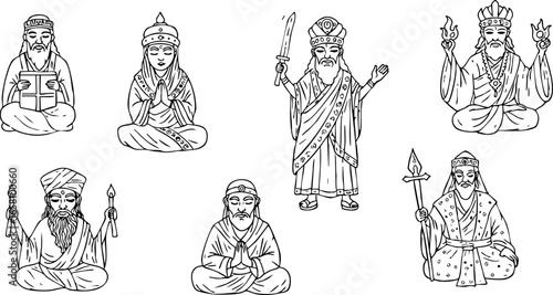 Hindu God and Goddess Deities Line Art Vector Illustration with Religious Symbols and Gestures 