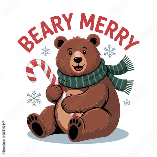 Beary merry bear wearing scarf sitting in snow, holly accents, cozy Christmas vector illustration, greeting card, poster, sticker, tshirt, printable
