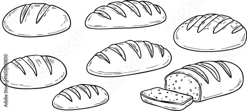 Various types of fresh bread loaf vector illustration in black and white line art style 