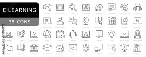 E-learning simple line icons set. Online education editable stroke icon. vector