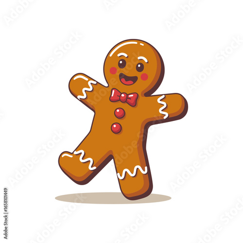 Gingerbread cookie running with happy face, icing limbs, playful Christmas vector illustration, greeting card, poster, sticker, tshirt, printable