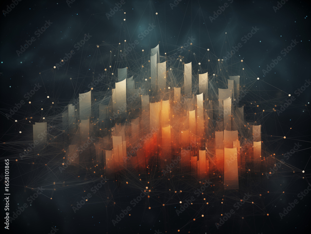 Fototapeta premium Dynamic digital cityscape with glowing abstract structures and interconnected network nodes, representing data or connections