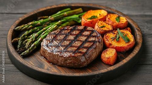 Grilled steak with roasted sweet potatoes and asparagus.
