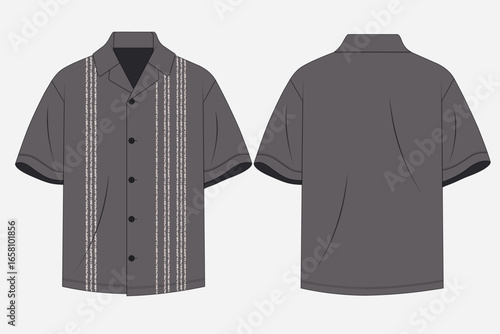 Revere polo. Men's Camp Collar Shirt Fashion Flat Sketch. Short Sleeve Striped Shirt Vector Template. Casual Button-Up Shirt with Vertical Stripes Technical Flat. 