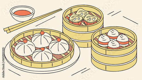 Delicious dim sum assortment featuring dumplings, buns, and dipping sauce presented in bamboo steamers, offering a delightful culinary experience and traditional Asian cuisine.