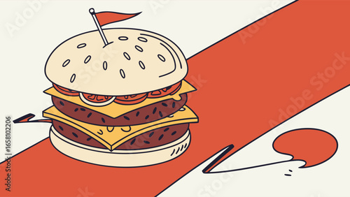 Delicious double cheeseburger with a flag on top illustration with vibrant colors on a clean background, perfect for fast food concepts and menu designs