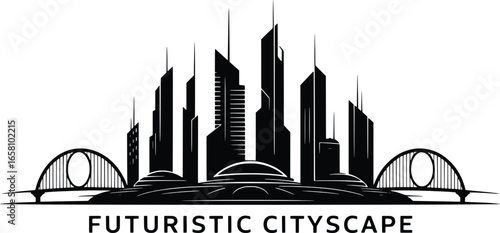 Modern futuristic cityscape silhouette with bridges and tall buildings