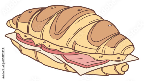 Delicious croissant sandwich with ham and cheese illustration featuring detailed fillings and flaky pastry, perfect for food-related designs