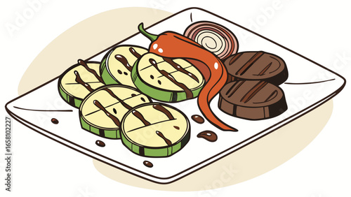Delicious grilled vegetables with zucchini, chili pepper, and red onion drizzled with sauce on a white plate, creating a flavorful and appetizing culinary illustration